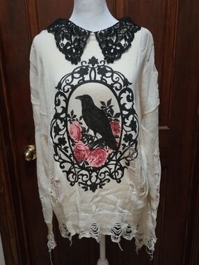 Cream Distressed Sweater with Black Lace Collar and Raven Rose Motif
